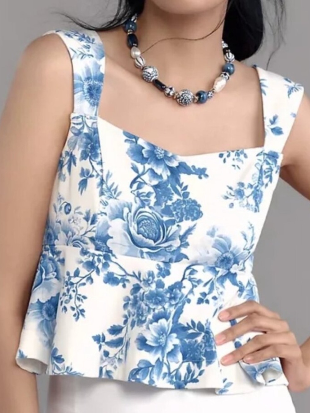 Maeve Anthropologie Square-Neck Peplum Tank Top in Blue Pattern